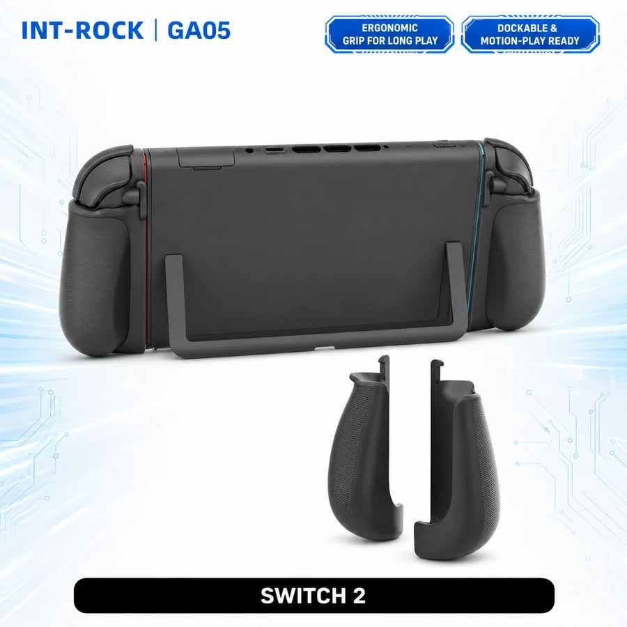 Int-Rock GA05 ergonomic grip pair; console and Joy-Con 2 controllers shown for demonstration