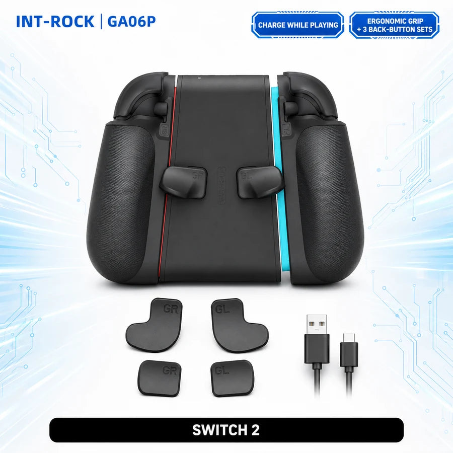 Int-Rock GA06P charging grip kit with ergonomic grips and interchangeable back buttons; Joy-Con 2 controllers not included