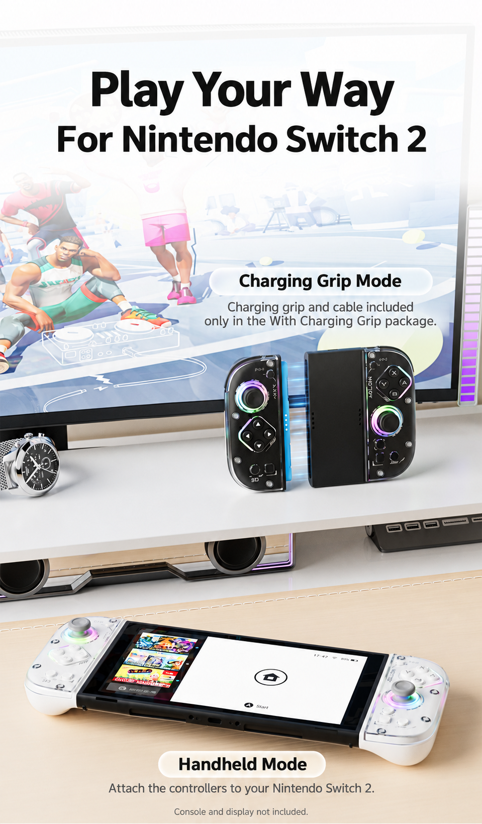 AOLION J30 with optional charging grip and attached to Nintendo Switch 2; charging grip included only in grip package; console and display not included