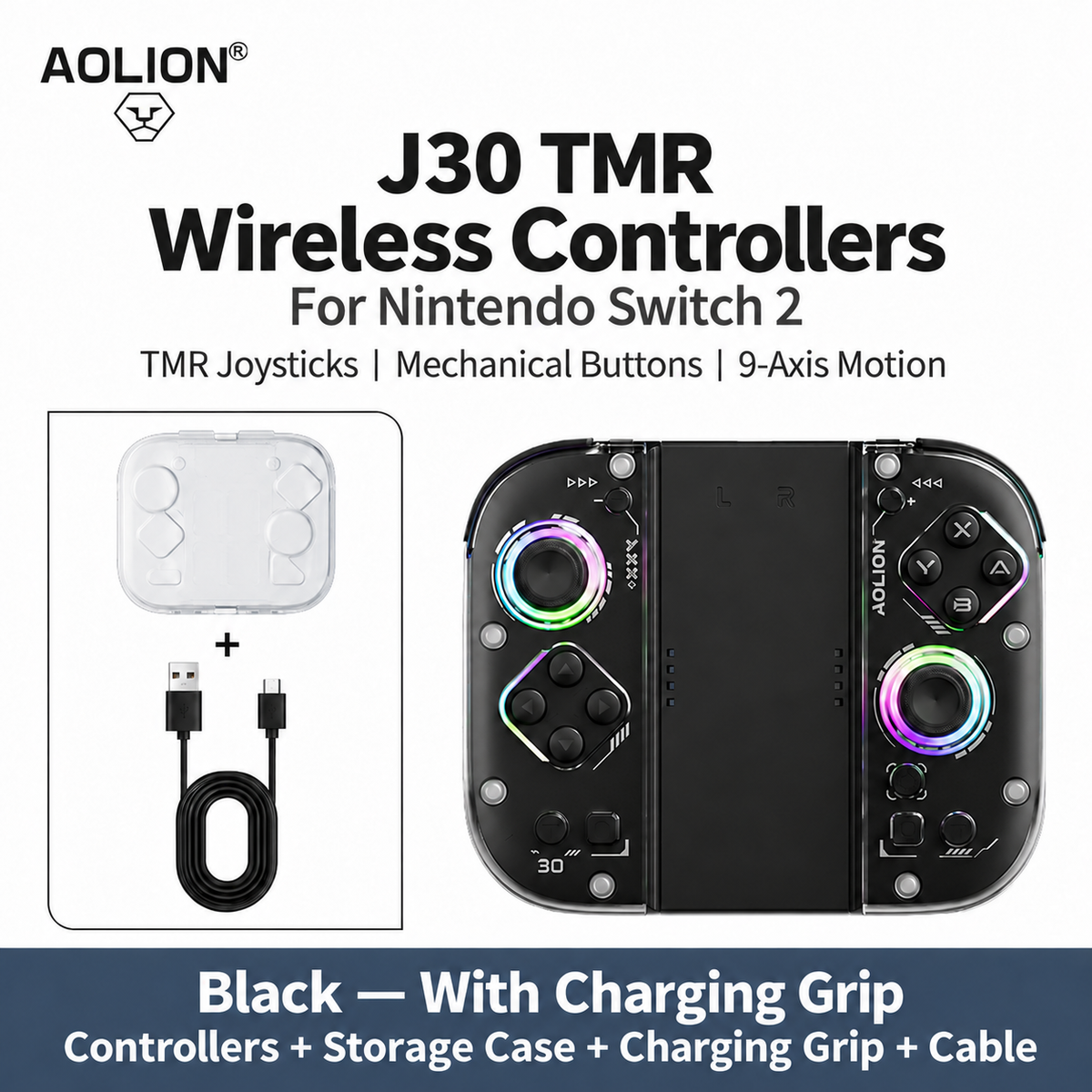 AOLION J30 TMR Black wireless controller pair with charging grip, storage case and charging cable
