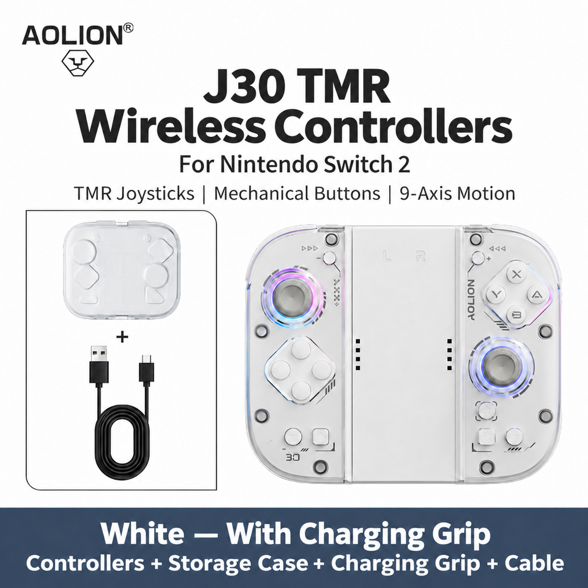 AOLION J30 TMR White wireless controller pair with charging grip, storage case and charging cable