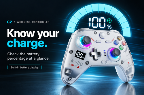 G2 silver translucent controller with RGB joystick rings and battery percentage display