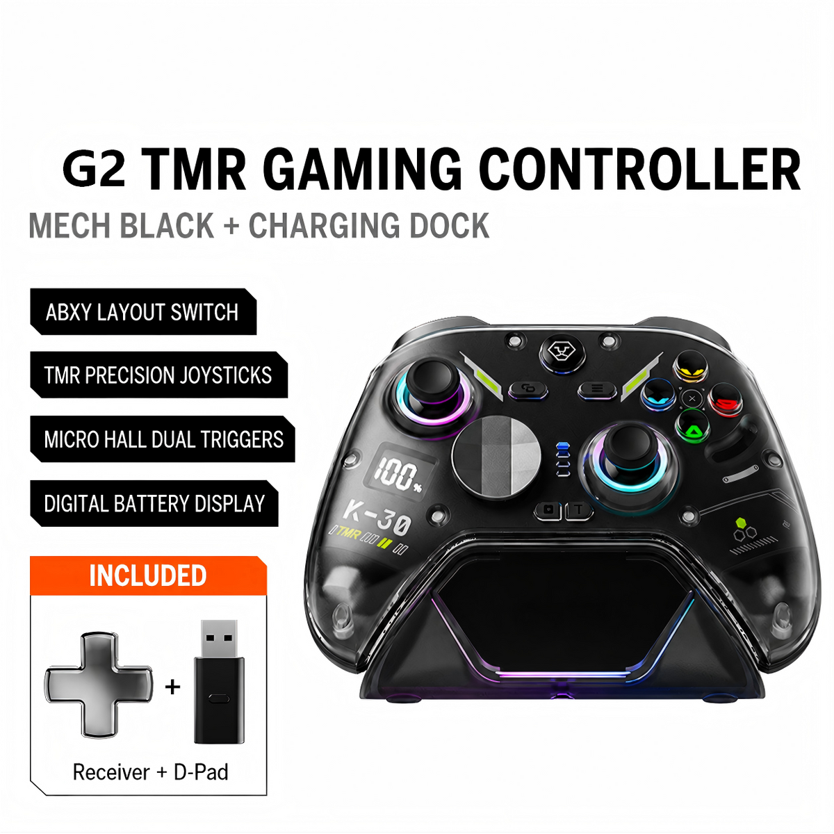 Int-Rock G2 Mech Black controller with charging dock; dock included only in the With Charging Dock package