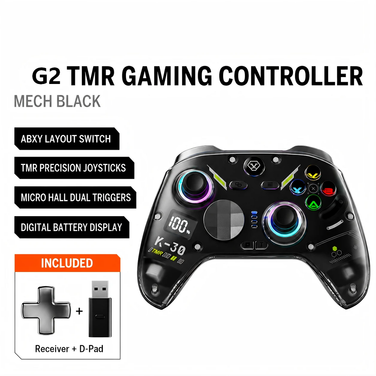 Int-Rock G2 wireless gaming controller in Mech Black with battery percentage display