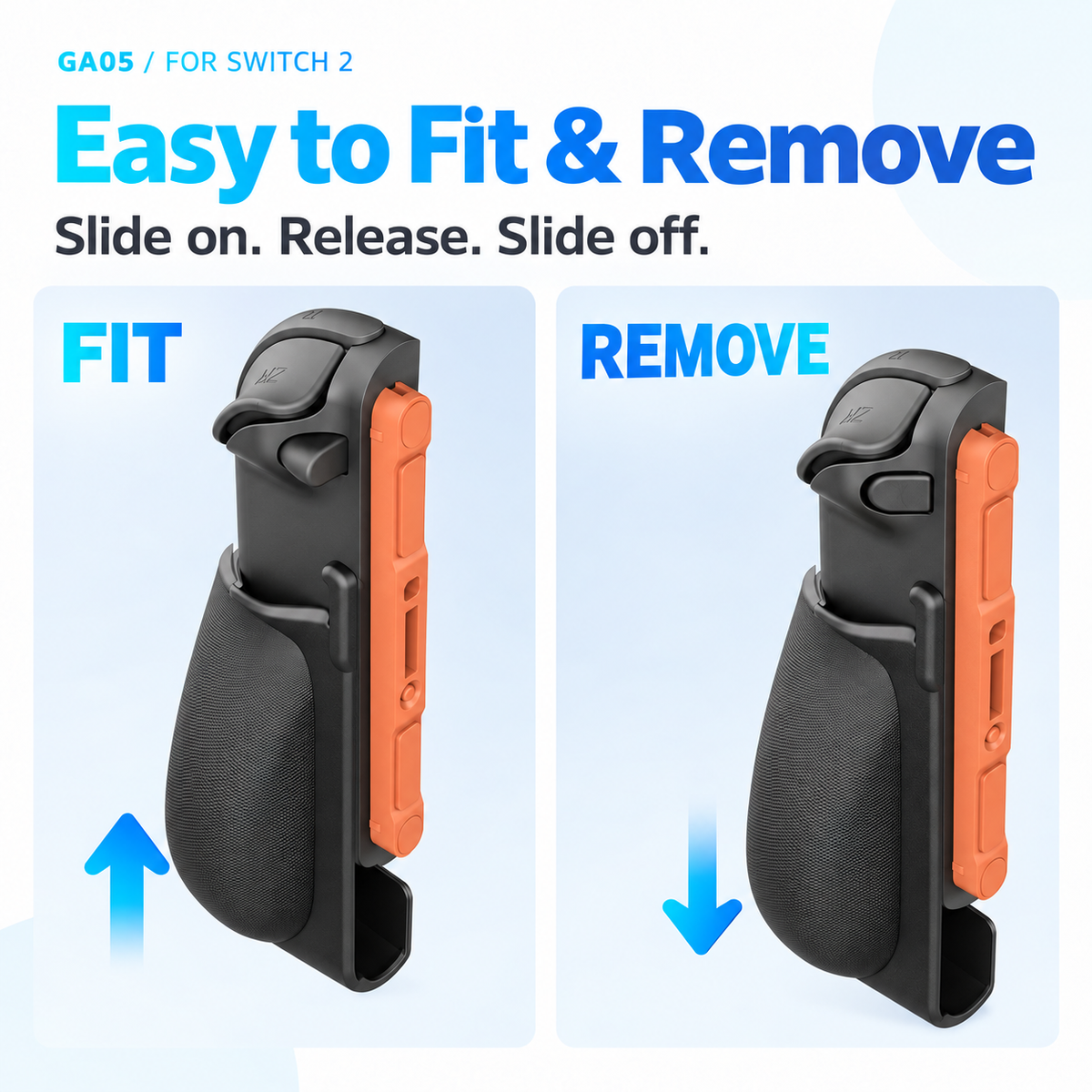 How to fit and remove GA05 grips on Joy-Con 2 controllers; controllers not included