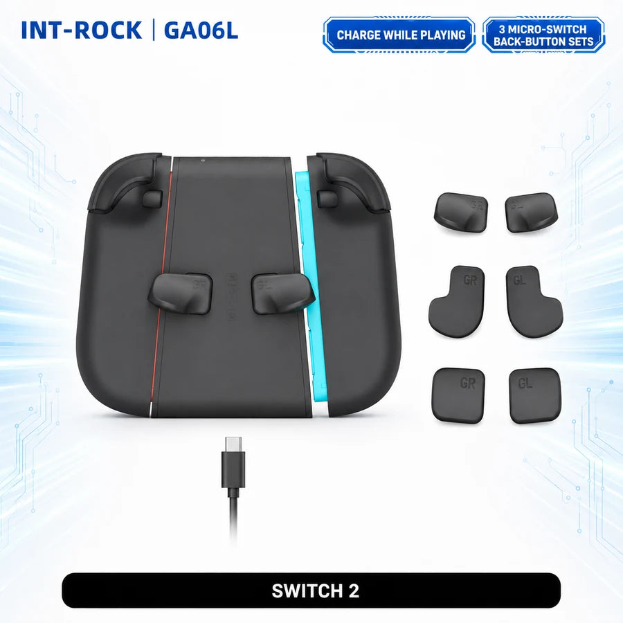 Int-Rock GA06L charging grip with three interchangeable back button sets; Joy-Con 2 controllers not included