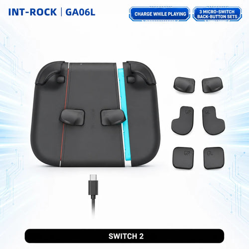 Int-Rock GA06L charging grip with three interchangeable back button sets; Joy-Con 2 controllers not included